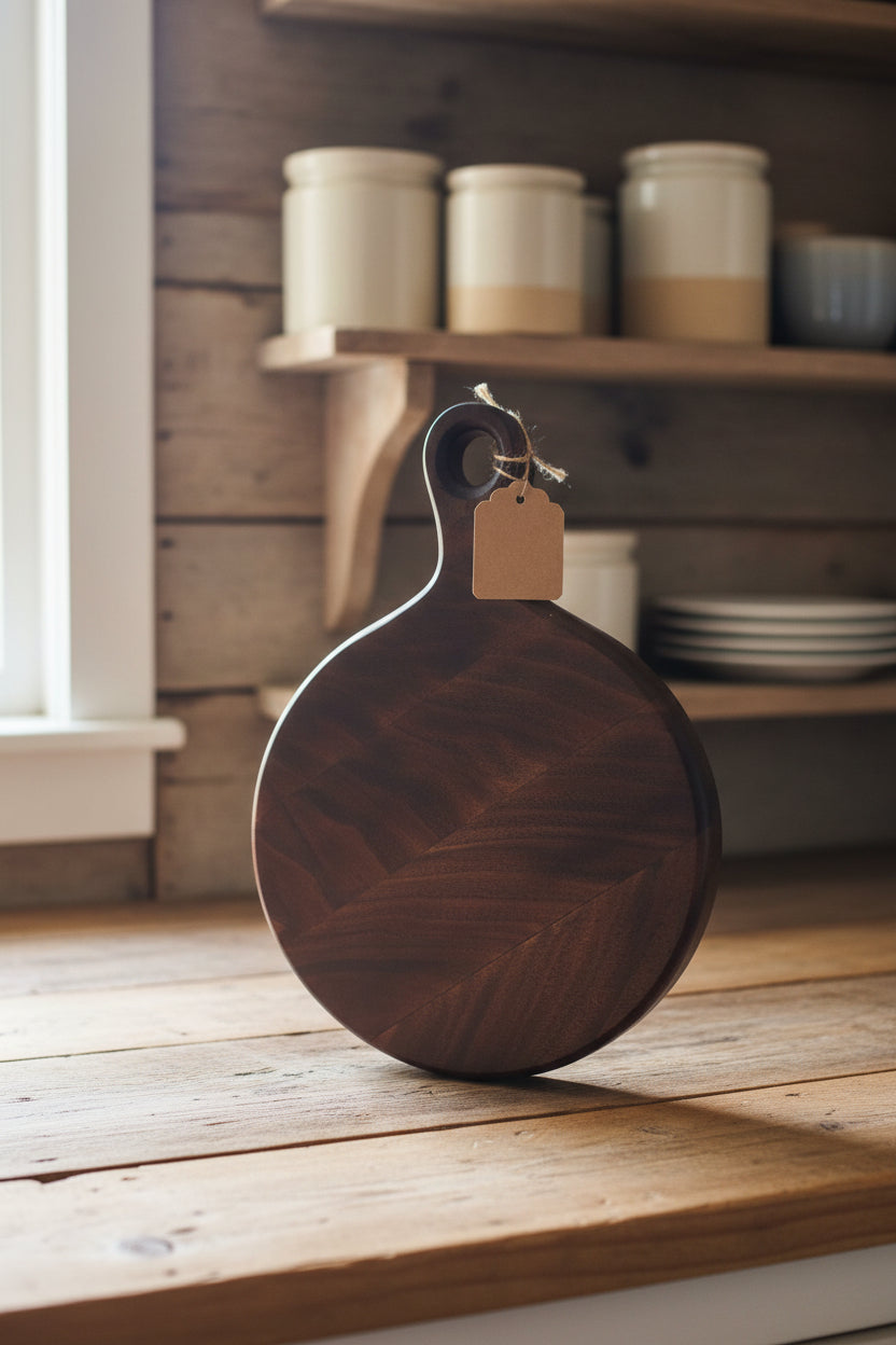 8" Round Black Walnut Cutting Board with Short Handle — 1" Thick