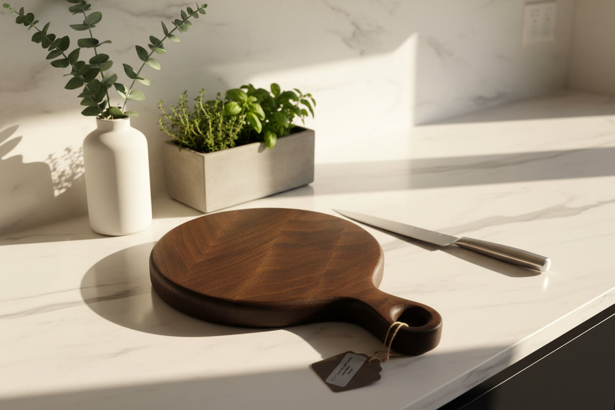 8" Round Black Walnut Cutting Board with Short Handle — 1" Thick