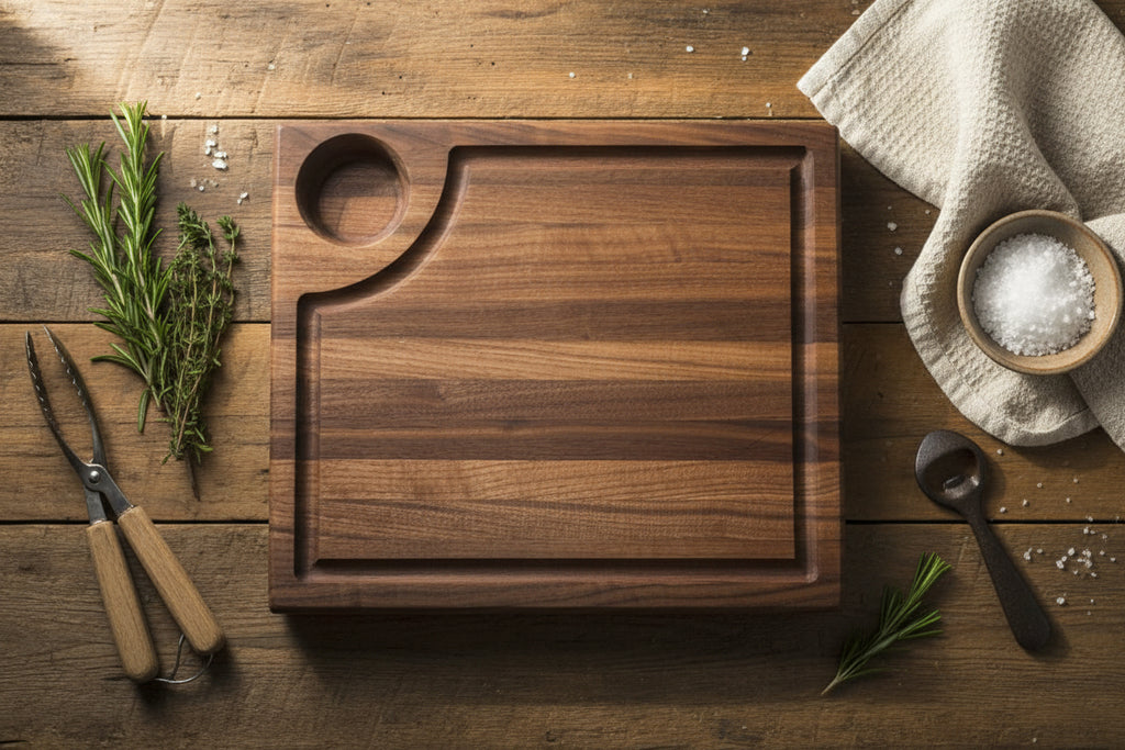 Smokehouse Black Walnut Board – 11×13×1.5" with Juice Groove, Handholds & Sauce Cup