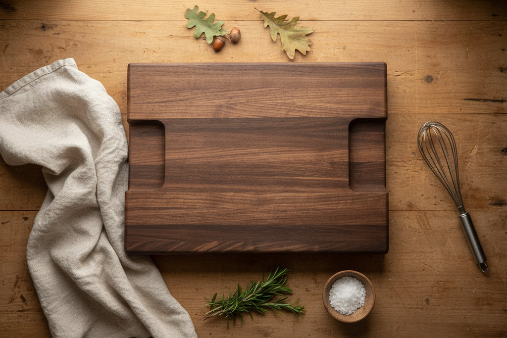 Smokehouse Black Walnut Board – 11×13×1.5" with Juice Groove, Handholds & Sauce Cup