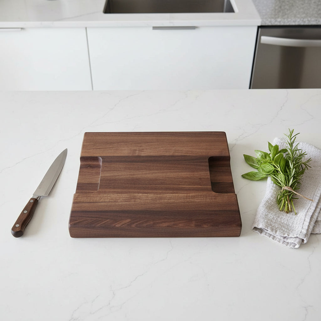 Smokehouse Black Walnut Board – 11×13×1.5" with Juice Groove, Handholds & Sauce Cup