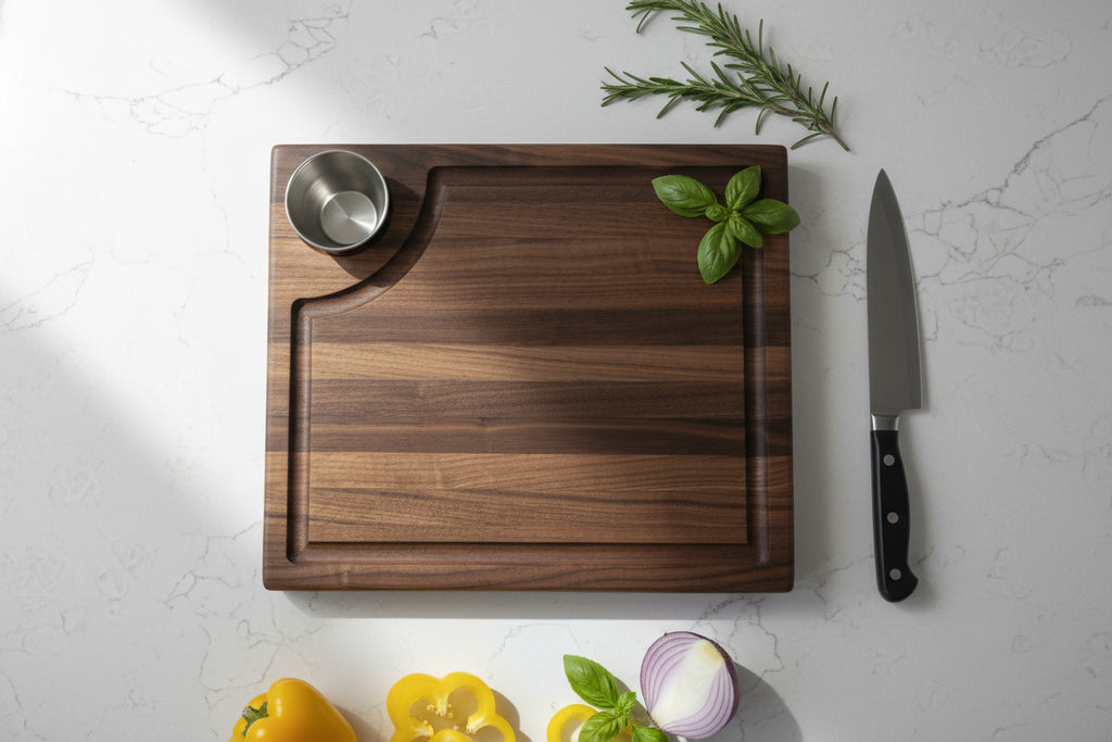 Smokehouse Black Walnut Board – 11×13×1.5" with Juice Groove, Handholds & Sauce Cup