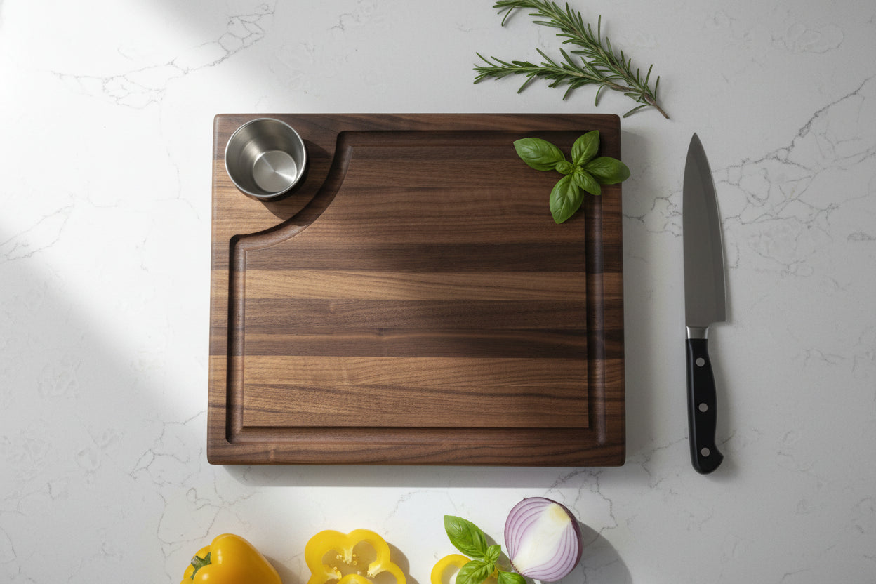 Smokehouse Black Walnut Board – 11×13×1.5" with Juice Groove, Handholds & Sauce Cup