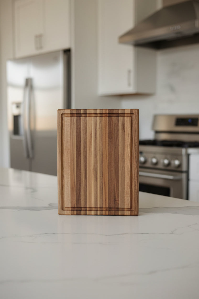 A rectangular wooden cutting board with a striped natural wood grain pattern, standing on a speckled granite countertop against a light-colored wall.