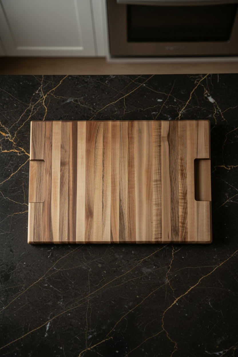 A rectangular wooden cutting board with a striped natural wood grain pattern, featuring two small side cutouts, resting on a speckled granite countertop against a light-colored wall.