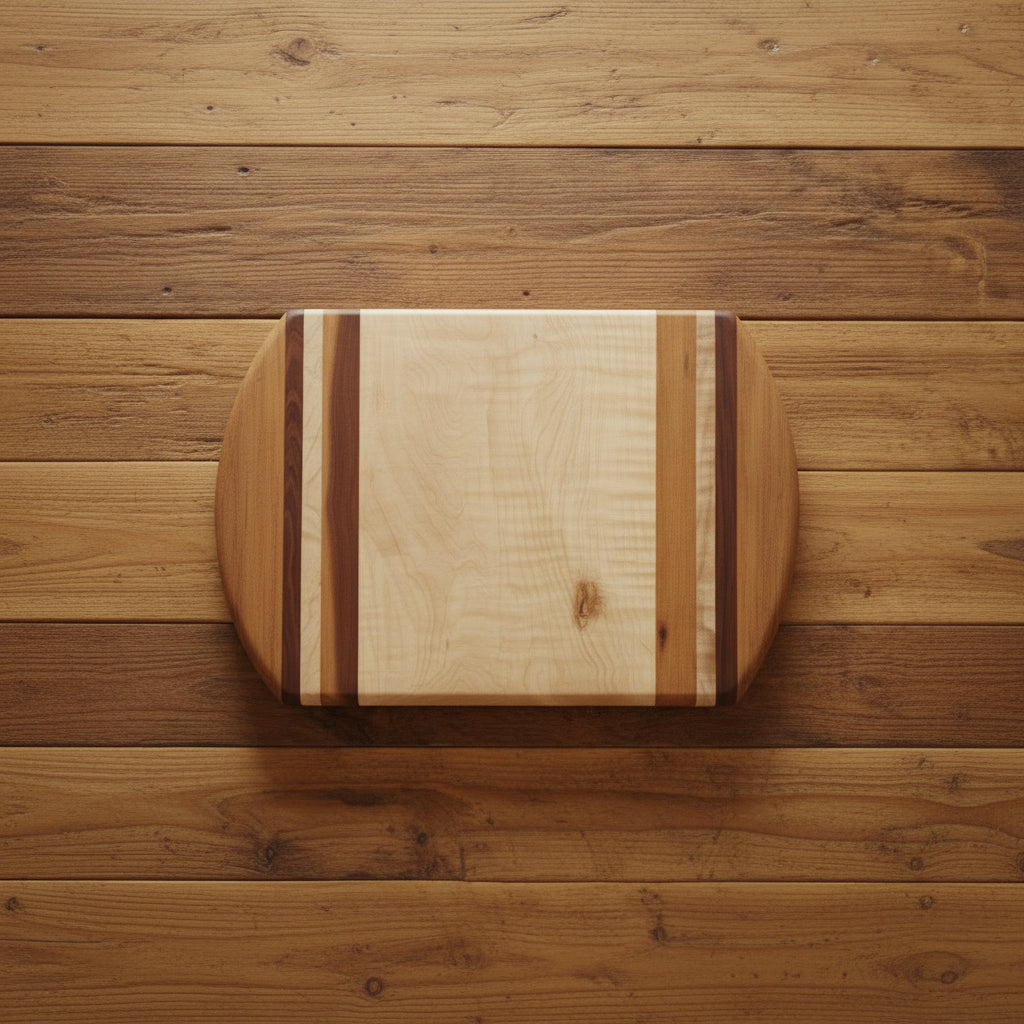 Handcrafted Cutting Board – 8" × 12" × 0.75" Curly Maple, Tigerwood & Padauk