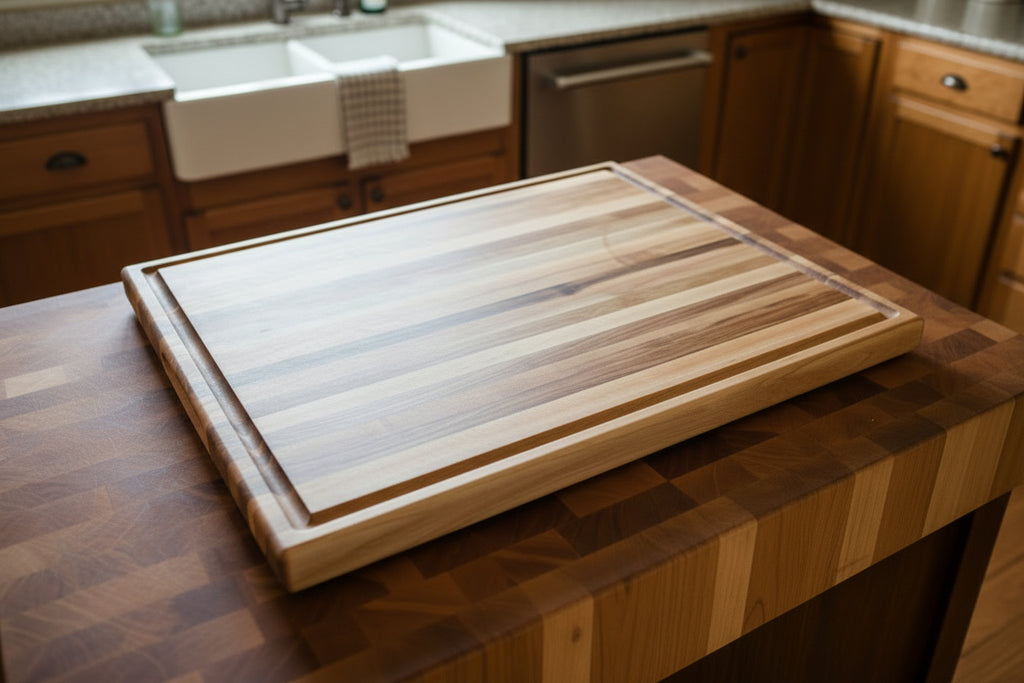 A rectangular wooden cutting board with a raised rim, made from multiple natural wood tones, resting on a speckled granite kitchen countertop.