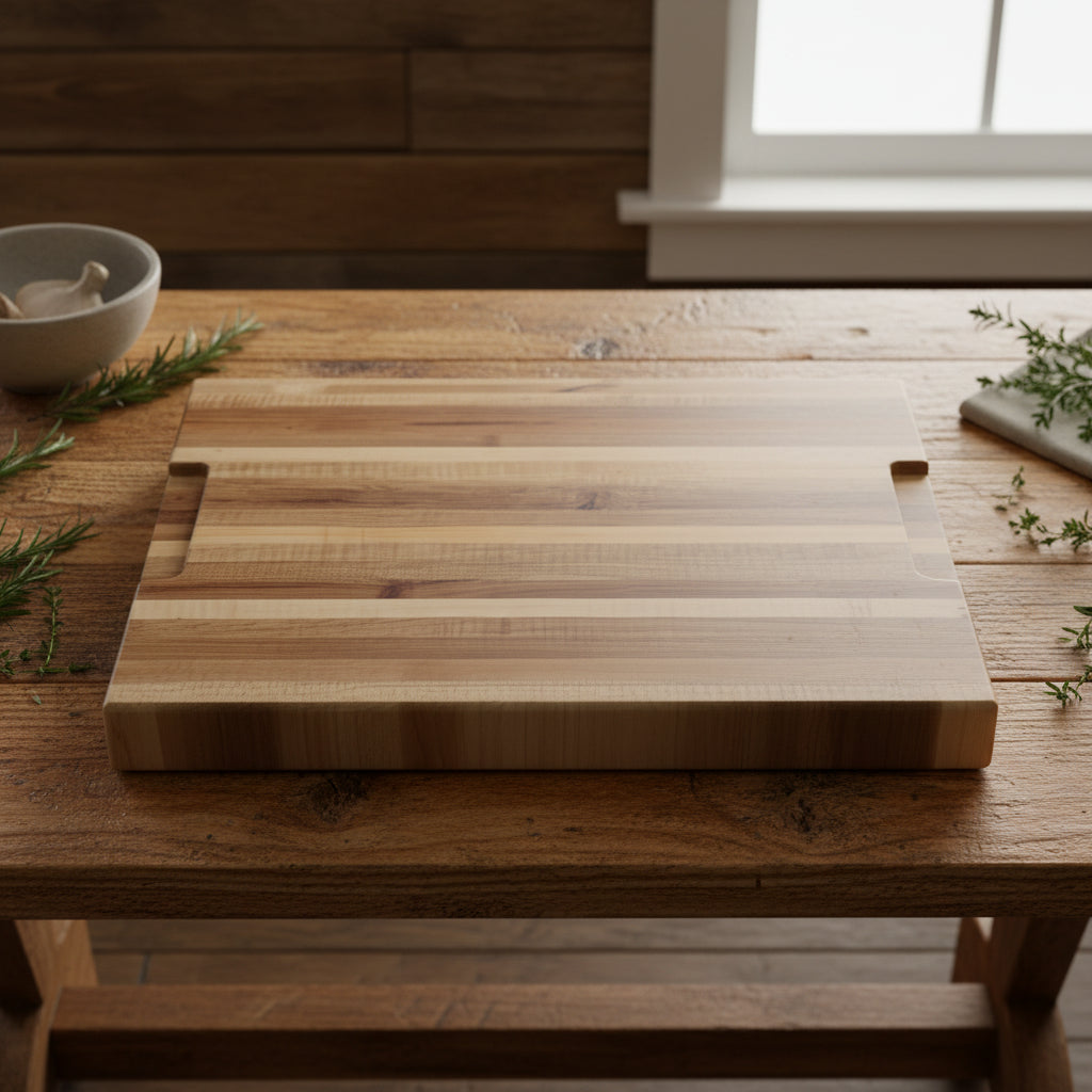 A rectangular wooden cutting board with a striped grain pattern, leaning against dark wood kitchen cabinets on a speckled granite countertop.
