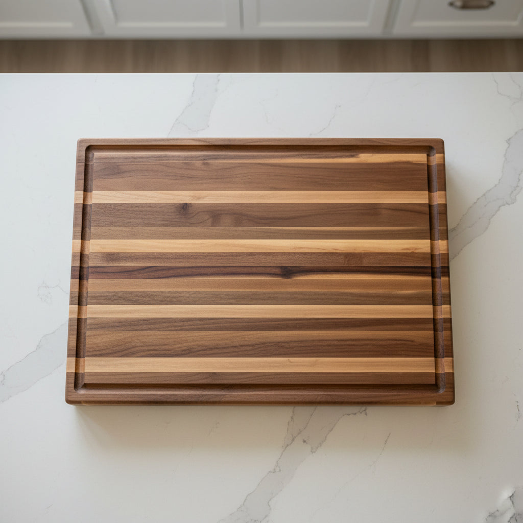 A rectangular wooden cutting board with a striped grain pattern, leaning against a granite countertop under dark wood cabinets.