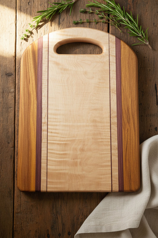 Handcrafted Cutting Board – 12" × 16" × 0.75" Curly Maple, Canarywood & Purpleheart with Handle