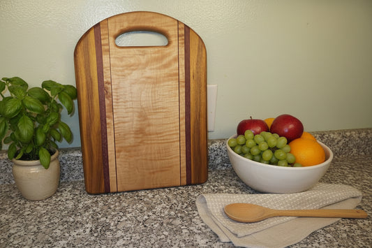 Handcrafted Cutting Board – 12" × 16" × 0.75" Curly Maple, Canarywood & Purpleheart with Handle