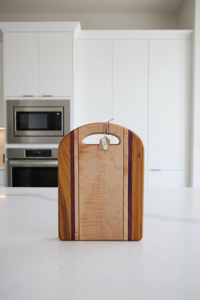 Handcrafted Cutting Board – 12" × 16" × 0.75" Curly Maple, Canarywood & Purpleheart with Handle