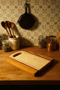 Handcrafted Cutting Board – 12" × 16" × 0.75" Curly Maple, Canarywood & Purpleheart with Handle