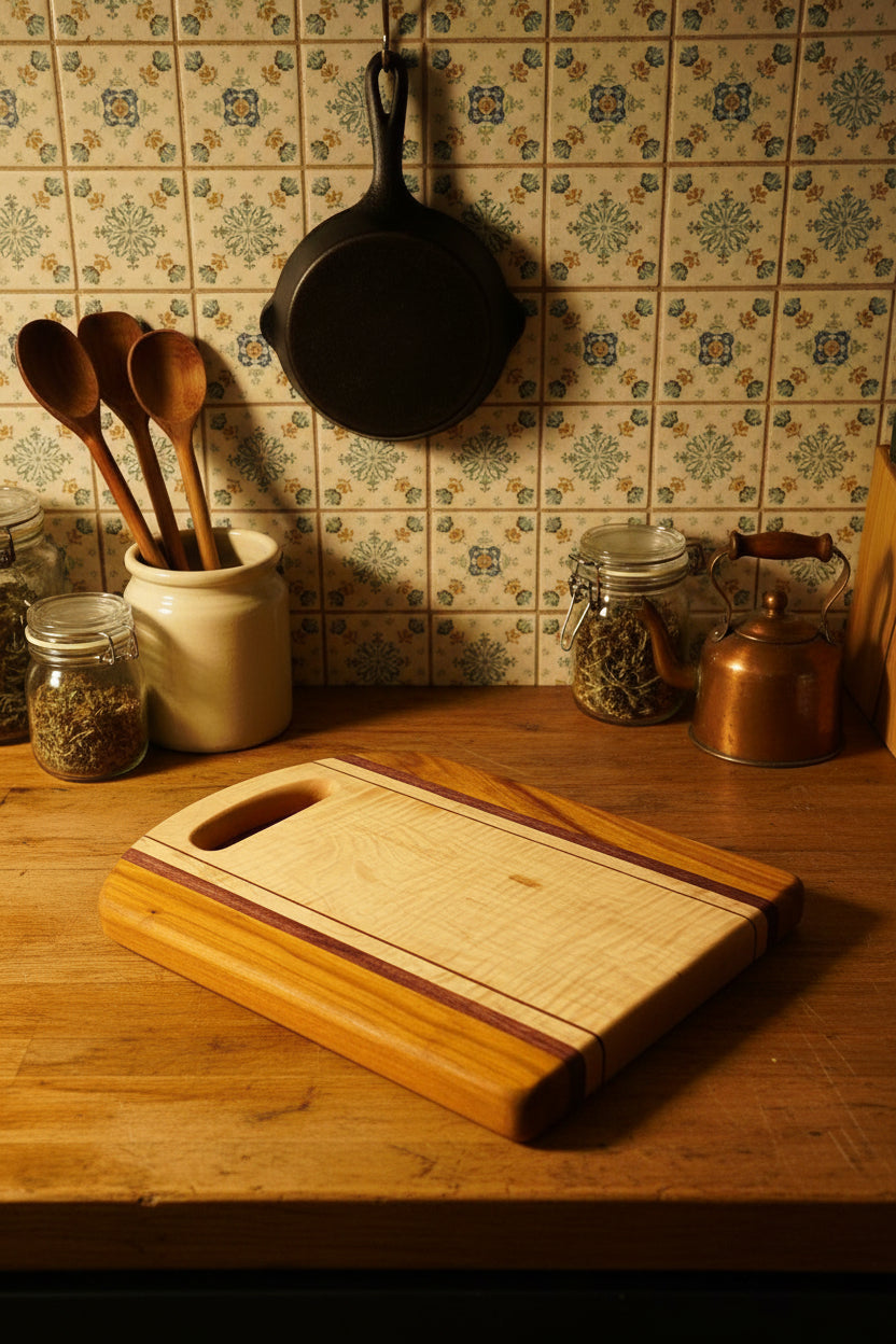 Handcrafted Cutting Board – 12" × 16" × 0.75" Curly Maple, Canarywood & Purpleheart with Handle