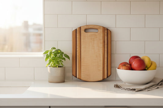 Handcrafted Cutting Board – 12" × 16" × 0.75" Curly Maple, Tigerwood & Padauk with Handle