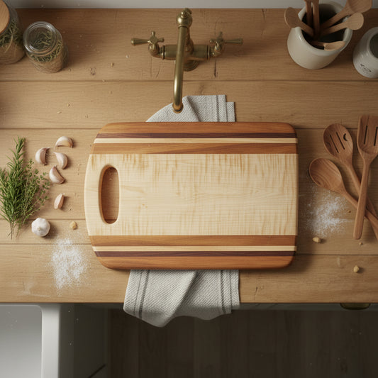 Handcrafted End‑Grain Cutting Board – 12" × 16" × 0.75" Curly Maple, Tigerwood & Padauk with Handle