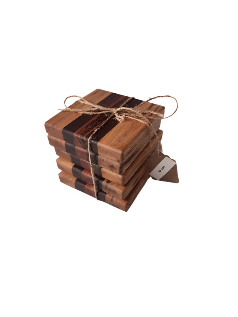 Handcrafted black walnut, maple, and tigerwood bottle openers in 5-pack, dual-purpose coasters, size 4"x4"x5/8".