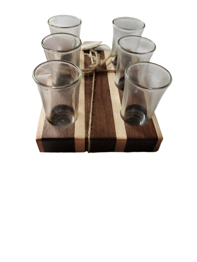 Handmade 6-Piece Shot Flight | Walnut, Cherry & Spalted Maple | Includes 6 Clear Shot Glasses (1.5 oz Each)