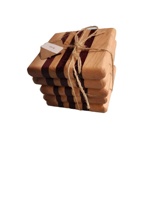Handcrafted Maple and Purple Heart Coasters with Bottle Openers – 5-Pack (4.25" x 4.25" x 5/8")