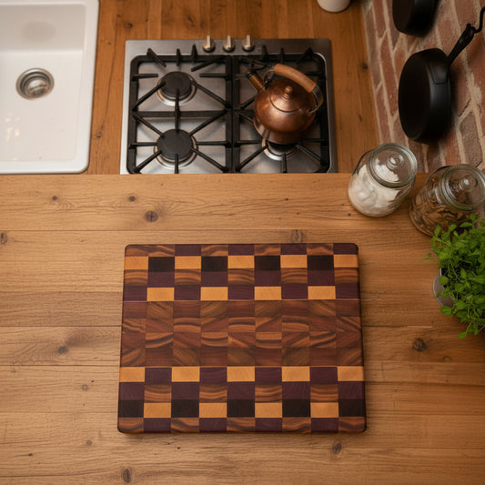 Handcrafted End‑Grain Exotic Woods Cutting Board — Purpleheart, Yellowheart, Canarywood, Tigerwood & Ambrosia Maple (11x15x2")