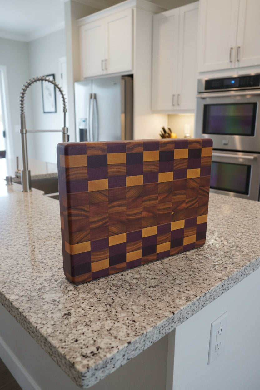 Handcrafted End‑Grain Exotic Woods Cutting Board — Purpleheart, Yellowheart, Canarywood, Tigerwood & Ambrosia Maple (11x15x2")