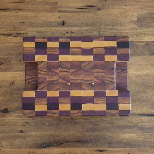 Handcrafted End‑Grain Exotic Woods Cutting Board — Purpleheart, Yellowheart, Canarywood, Tigerwood & Ambrosia Maple (11x15x2")