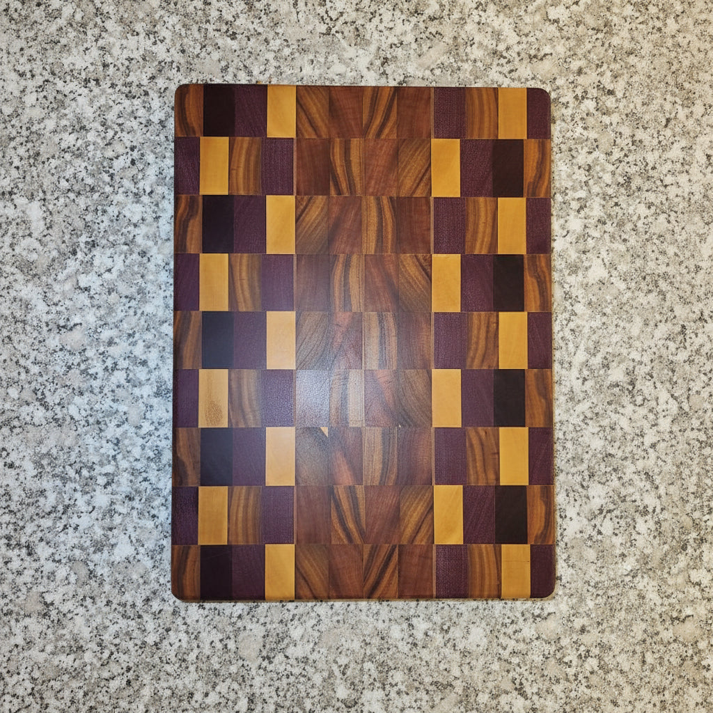Handcrafted End‑Grain Exotic Woods Cutting Board — Purpleheart, Yellowheart, Canarywood, Tigerwood & Ambrosia Maple (11x15x2")