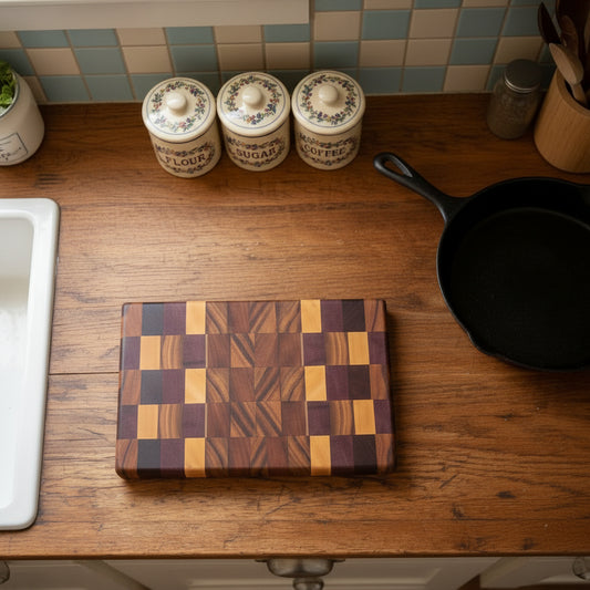 Handcrafted End‑Grain Exotic Woods Butcher Block — Purpleheart, Yellowheart, Canarywood, Tigerwood & Ambrosia Maple (8x11x2")