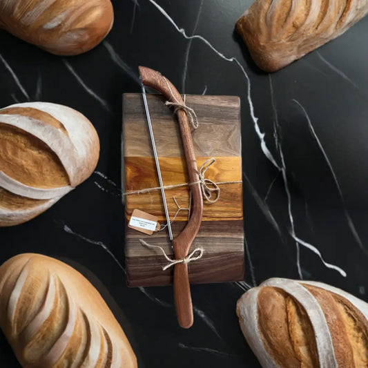 Handmade Black Walnut and Canarywood Bread Board with Bread Knife - 12x7.5x3/4 Inches (BBK-9011) - Stewarts Blocks and Boards