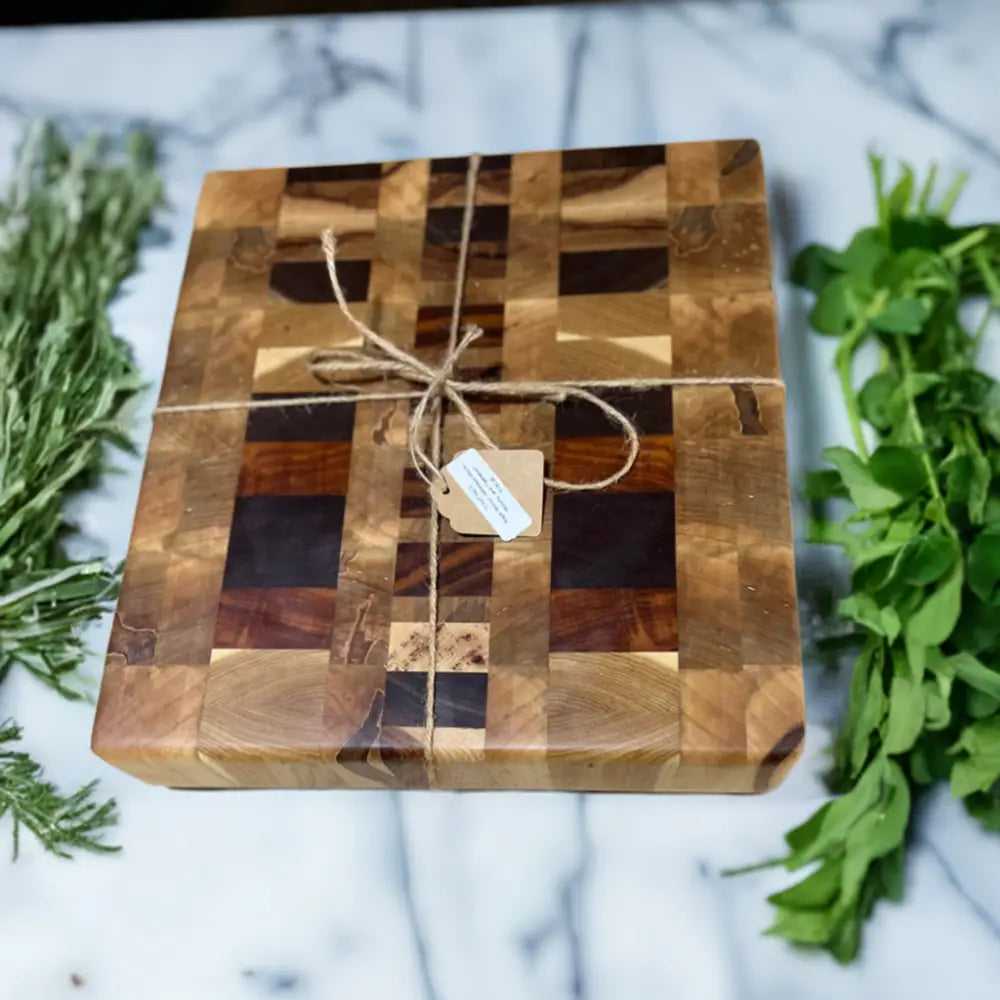 Premium Butcher Block - Chopping Block 10.5’’x11.5’’x2.5’’ - Ambrosia Maple Hickory Black Walnut Tigerwood