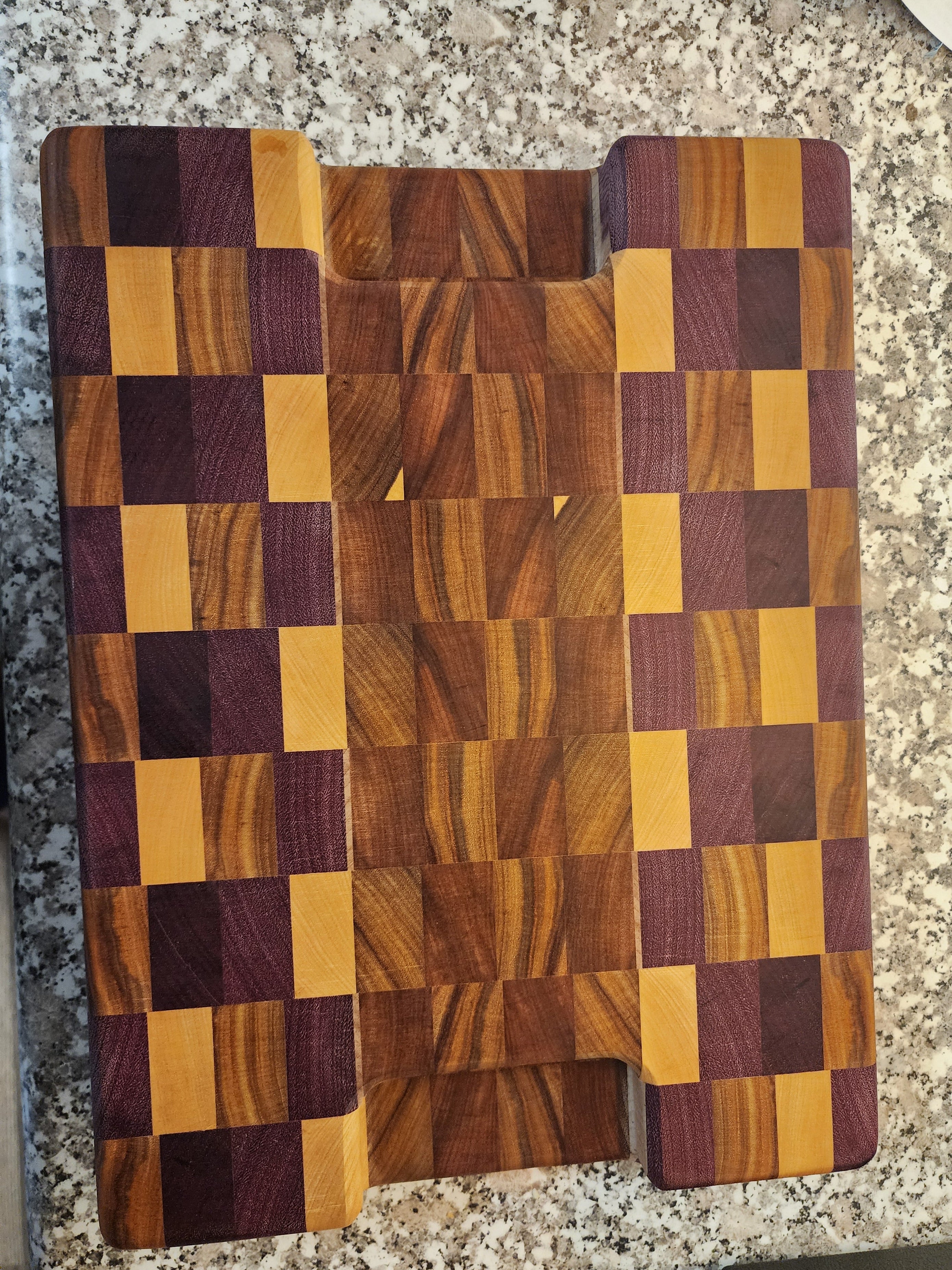 Handcrafted End‑Grain Exotic Woods Cutting Board — Purpleheart, Yellowheart, Canarywood, Tigerwood & Ambrosia Maple (11x15x2")